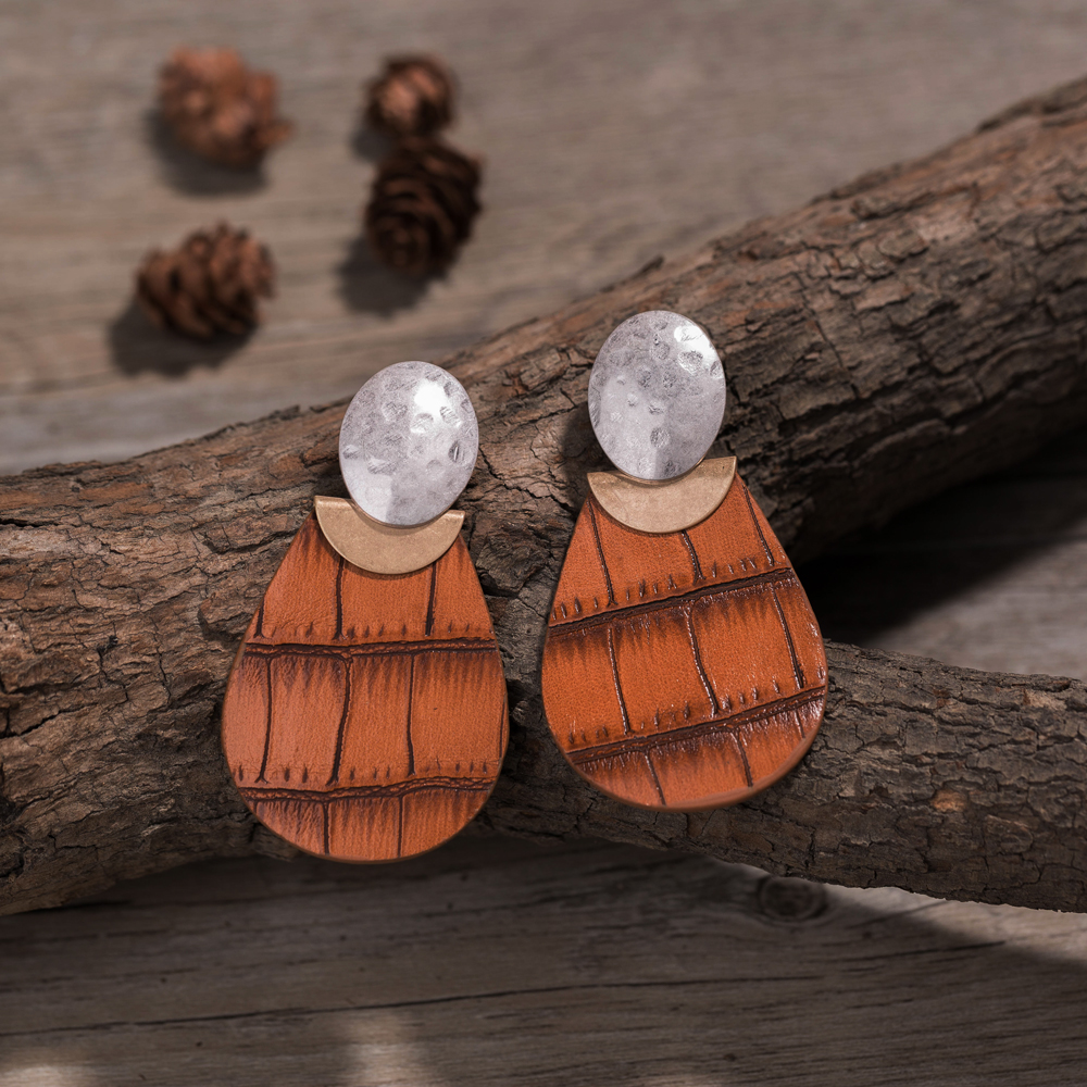 Vintage Style Water Droplets Alloy Patchwork Artificial Leather Earrings