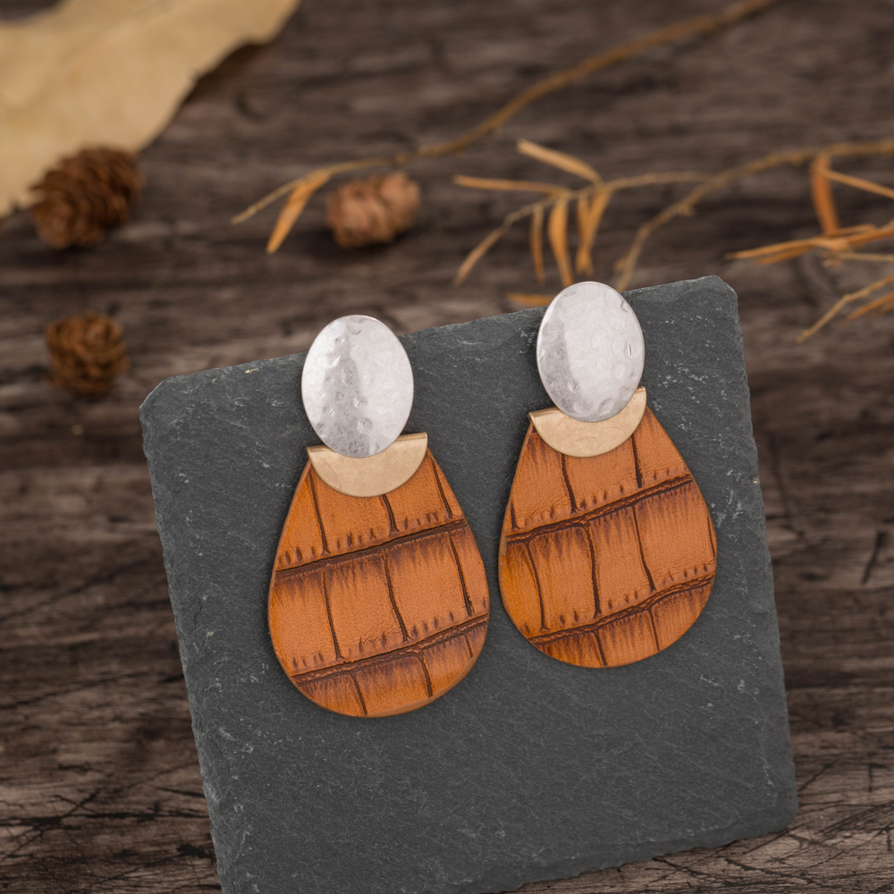 Vintage Style Water Droplets Alloy Patchwork Artificial Leather Earrings
