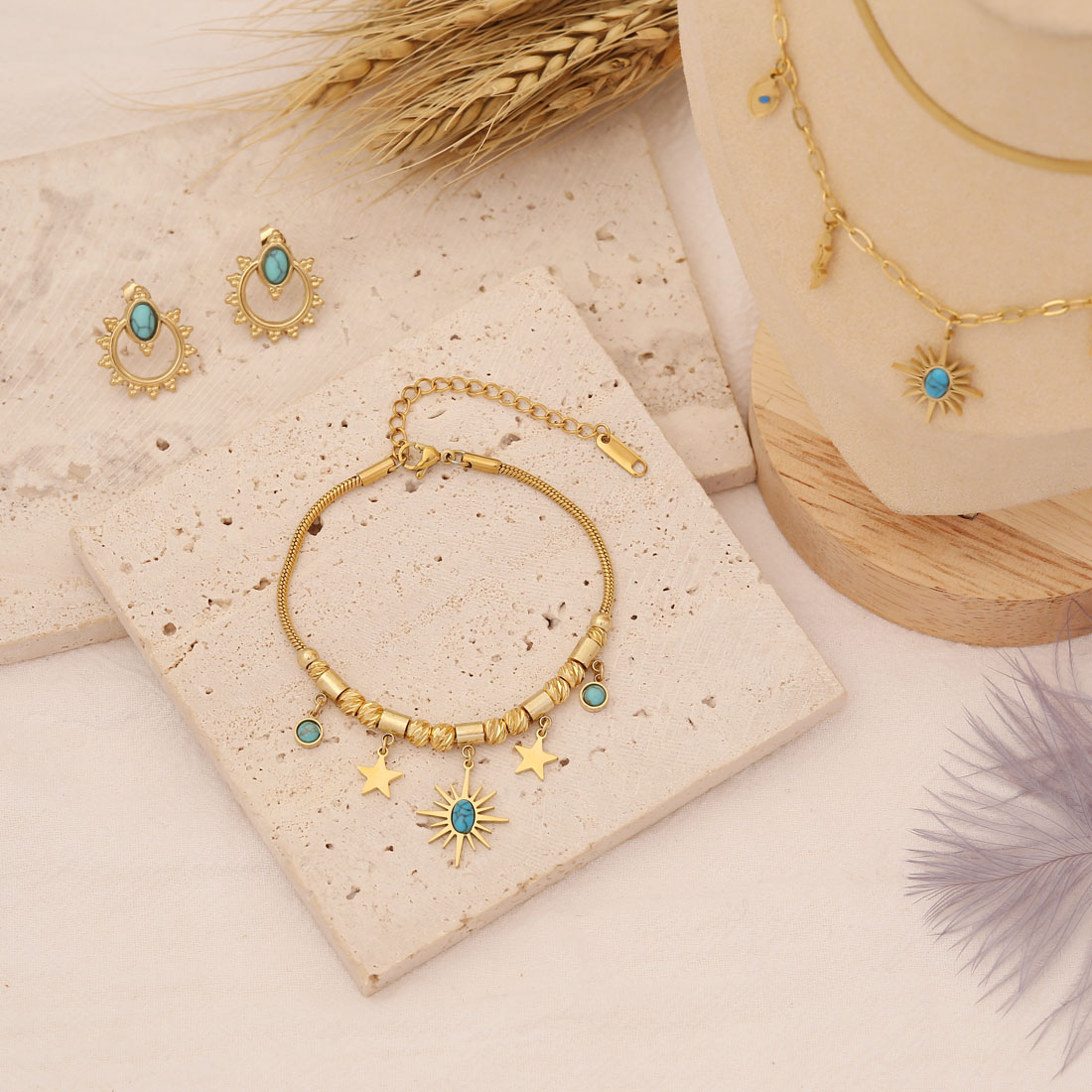 Fashion Geometric Stainless Steel Necklace Inlay Turquoise Stainless Steel Necklaces