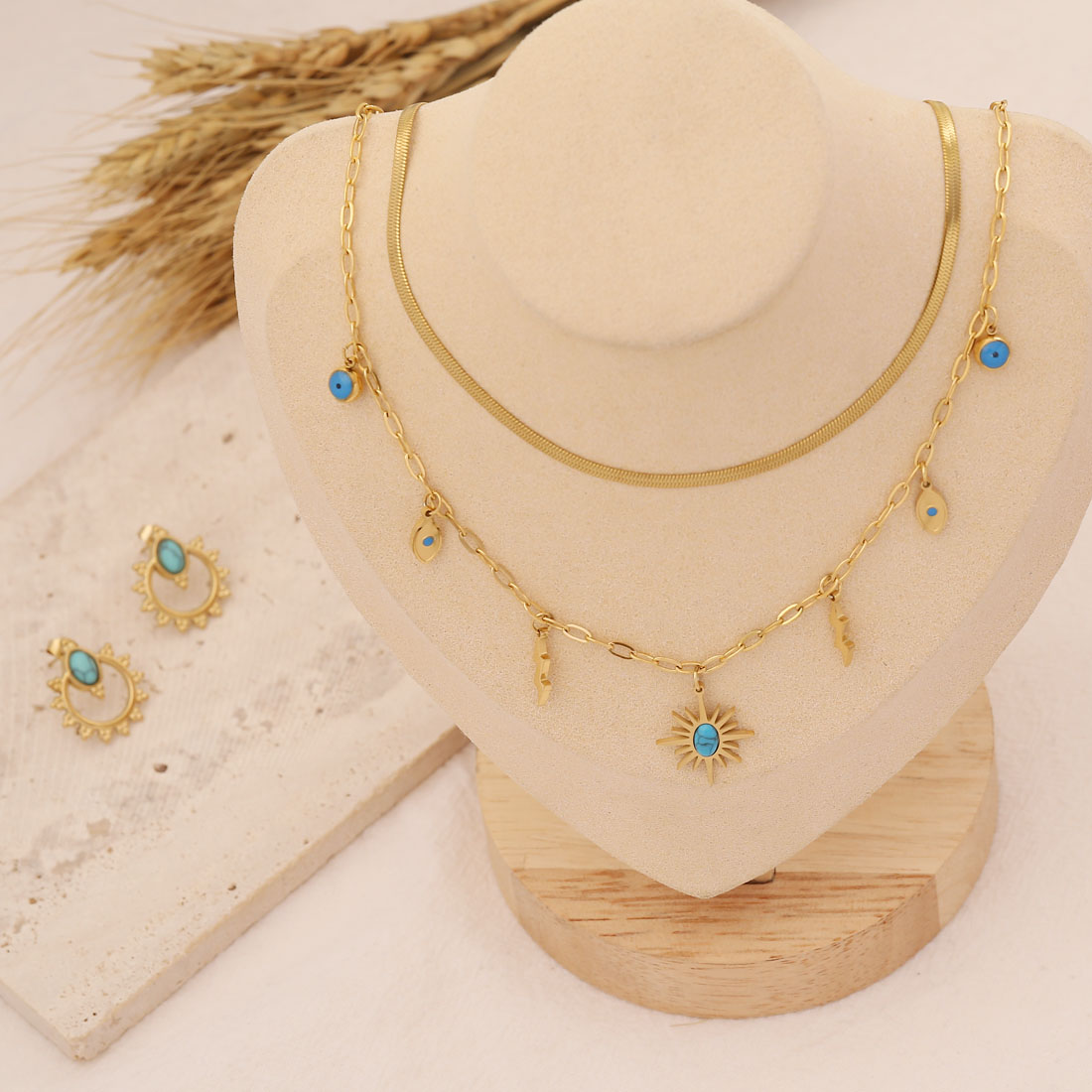 Fashion Geometric Stainless Steel Necklace Inlay Turquoise Stainless Steel Necklaces