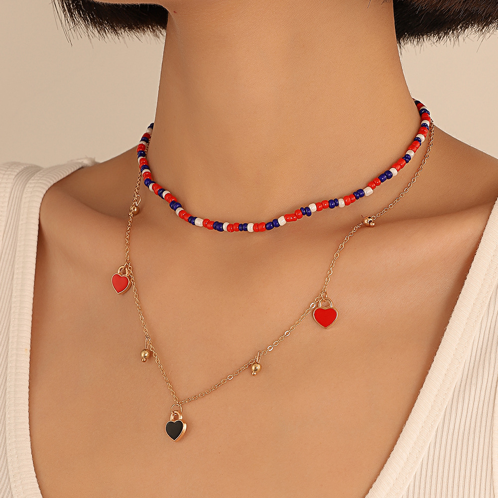 Bohemian Heart Shape Alloy Inlay Artificial Gemstones Layered Necklaces 1 Piece