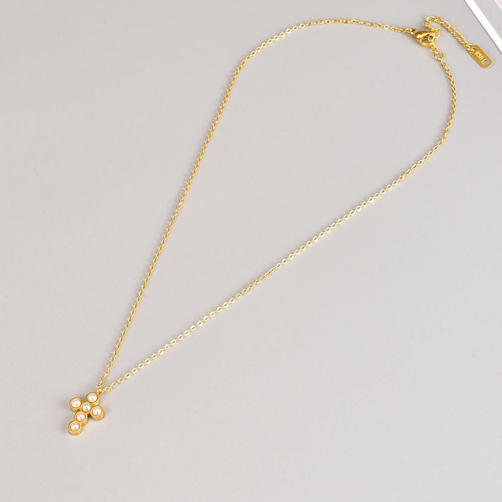 Fashion Cross Stainless Steel Pendant Necklace Inlay Artificial Pearl Stainless Steel Necklaces