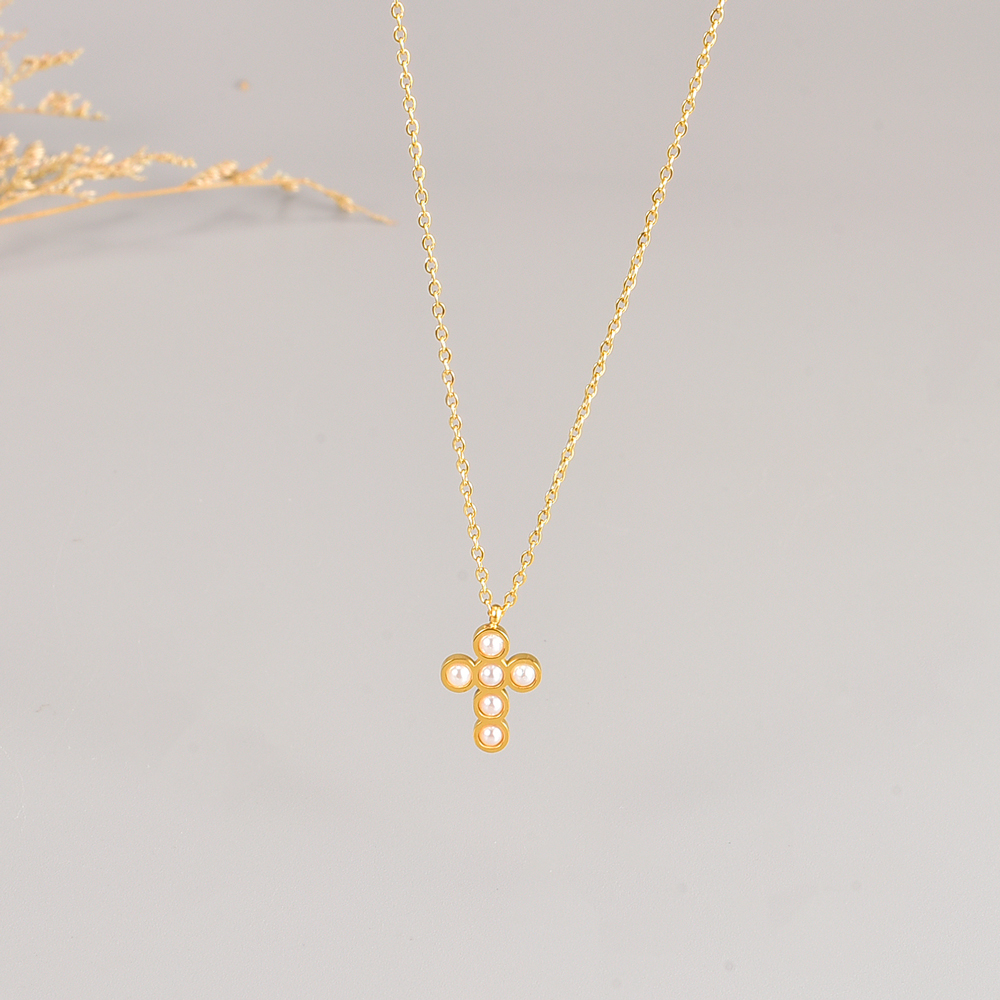 Fashion Cross Stainless Steel Pendant Necklace Inlay Artificial Pearl Stainless Steel Necklaces