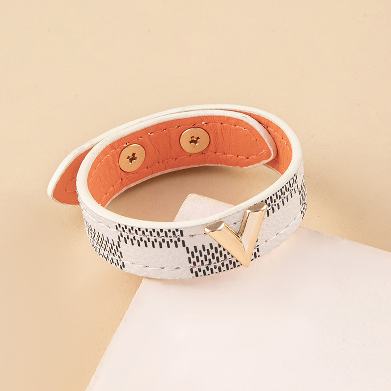 Fashion Letter Plaid Pu Leather Alloy Metal Button Bangle