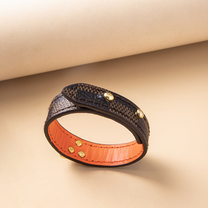 Fashion Letter Plaid Pu Leather Alloy Metal Button Bangle