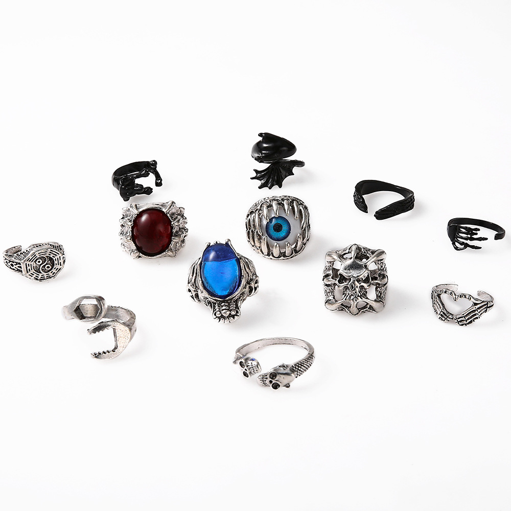 Punk Skull Alloy Plating Artificial Gemstones Rings 12 Pieces