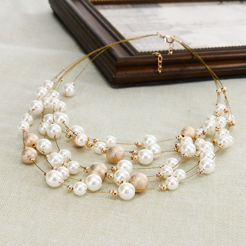 Elegant Round Alloy Beaded Pearl Layered Necklaces 1 Piece