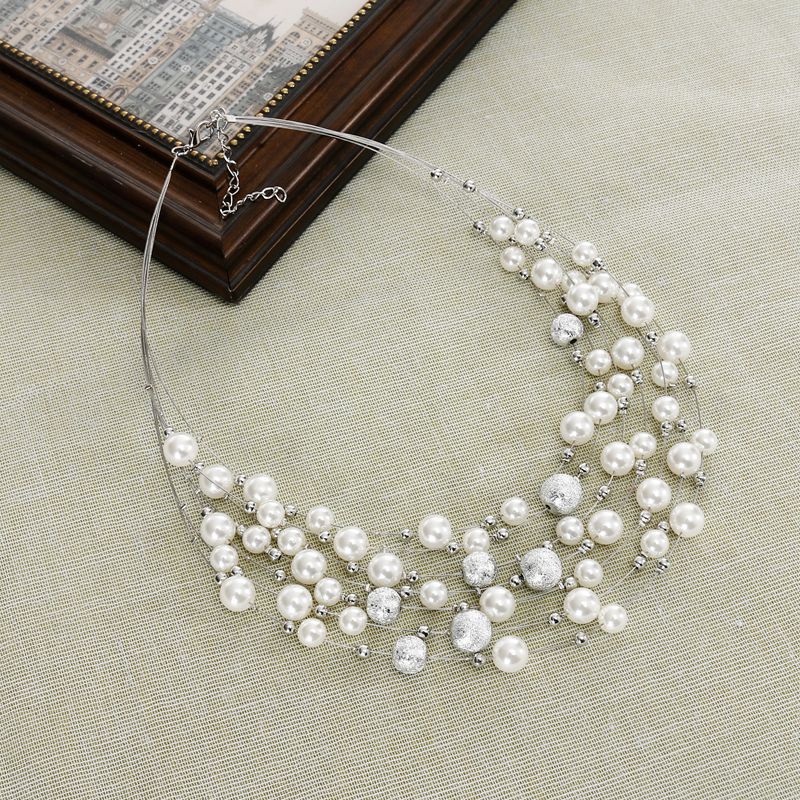 Elegant Round Alloy Beaded Pearl Layered Necklaces 1 Piece