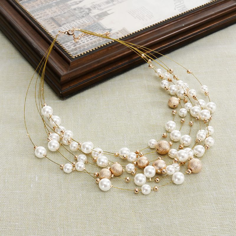 Elegant Round Alloy Beaded Pearl Layered Necklaces 1 Piece