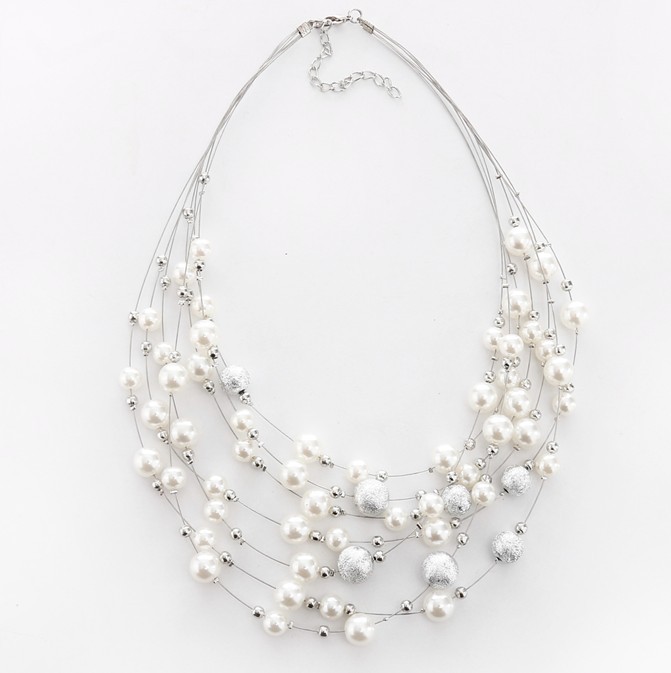 Elegant Round Alloy Beaded Pearl Layered Necklaces 1 Piece