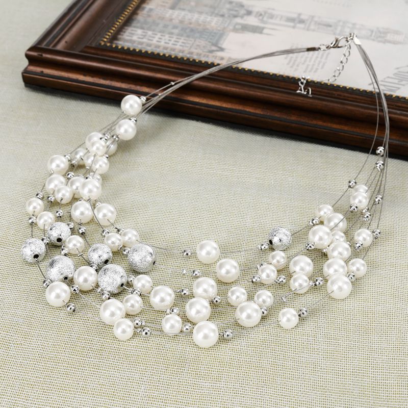 Elegant Round Alloy Beaded Pearl Layered Necklaces 1 Piece