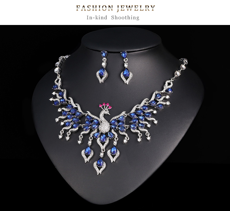 Fashion Peacock Alloy Inlay Rhinestone Glass Earrings Necklace 1 Set