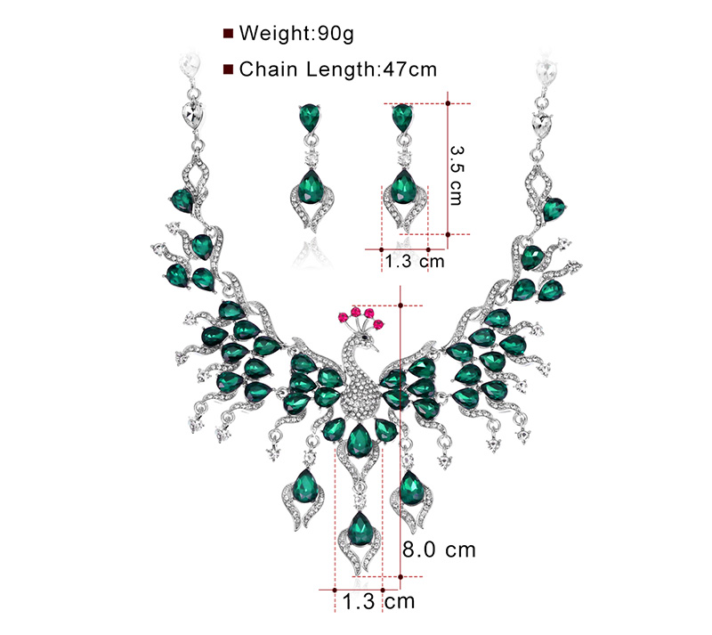 Fashion Peacock Alloy Inlay Rhinestone Glass Earrings Necklace 1 Set