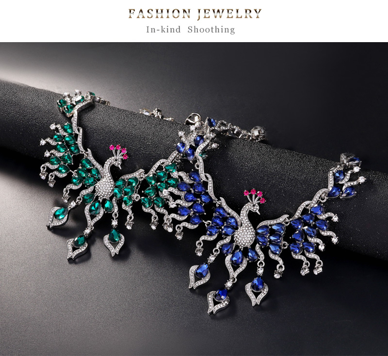 Fashion Peacock Alloy Inlay Rhinestone Glass Earrings Necklace 1 Set