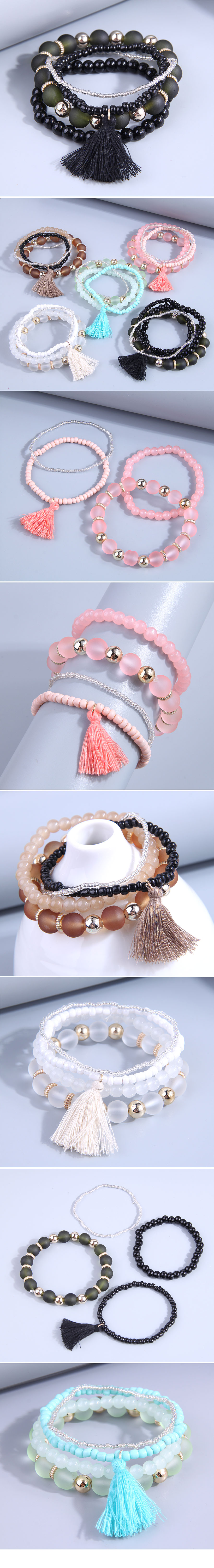 Fashion Round Beaded Layered Tassel Bracelets 1 Set