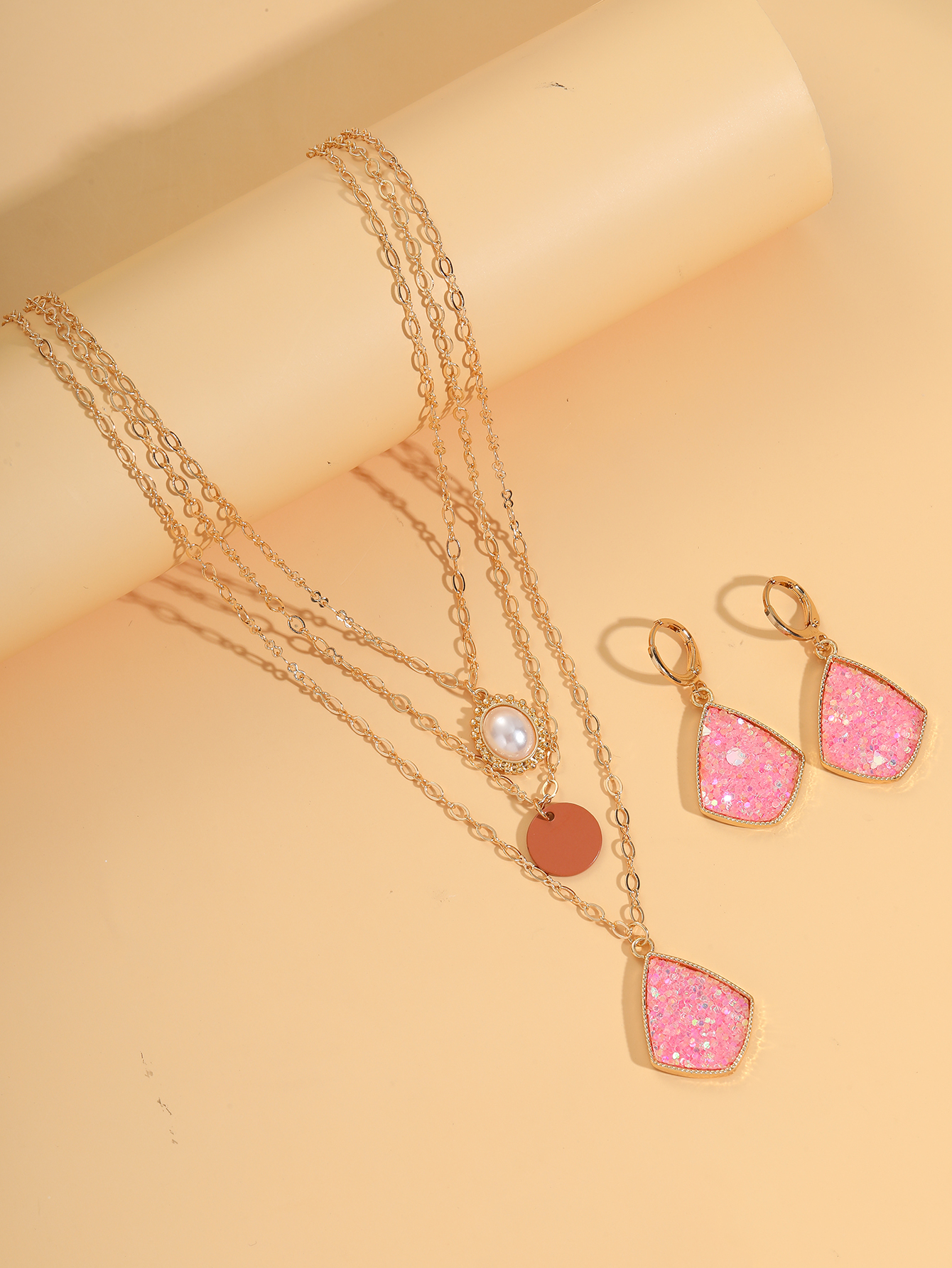 Sweet Geometric Imitation Pearl Copper Layered Chain Inlay Sequins Earrings Necklace