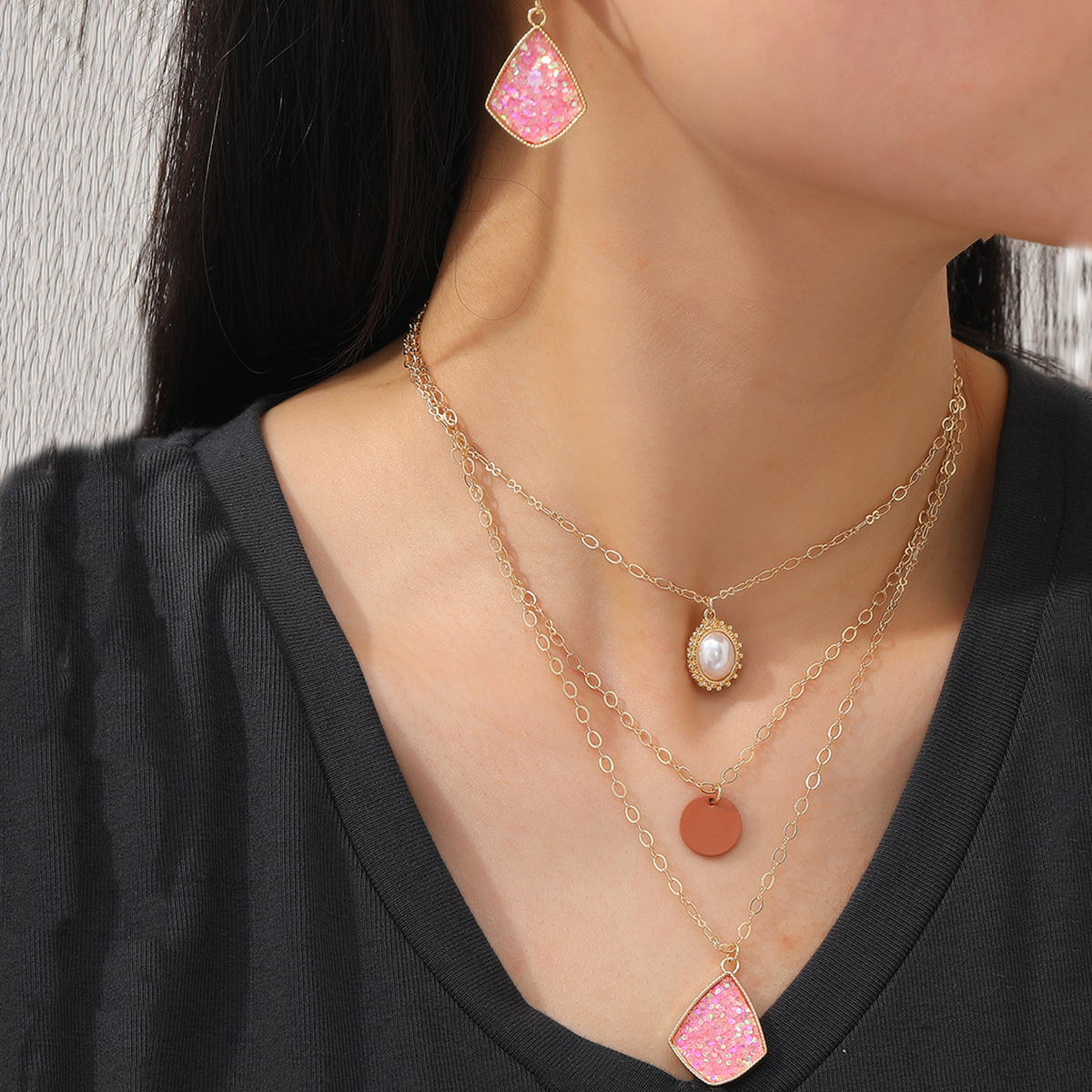 Sweet Geometric Imitation Pearl Copper Layered Chain Inlay Sequins Earrings Necklace