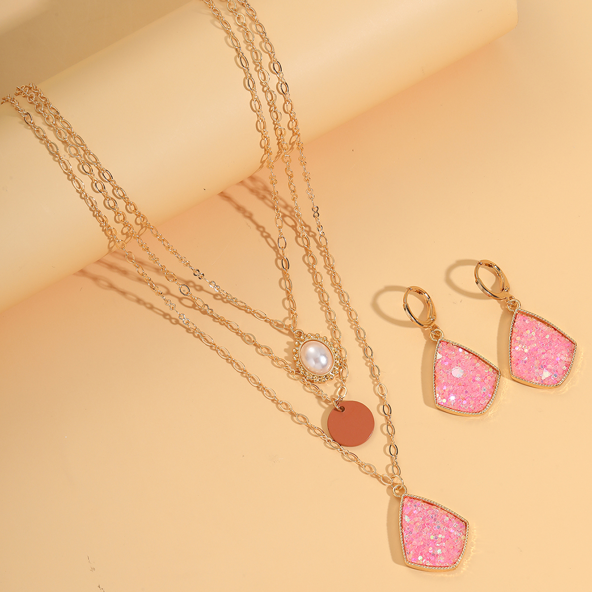 Sweet Geometric Imitation Pearl Copper Layered Chain Inlay Sequins Earrings Necklace