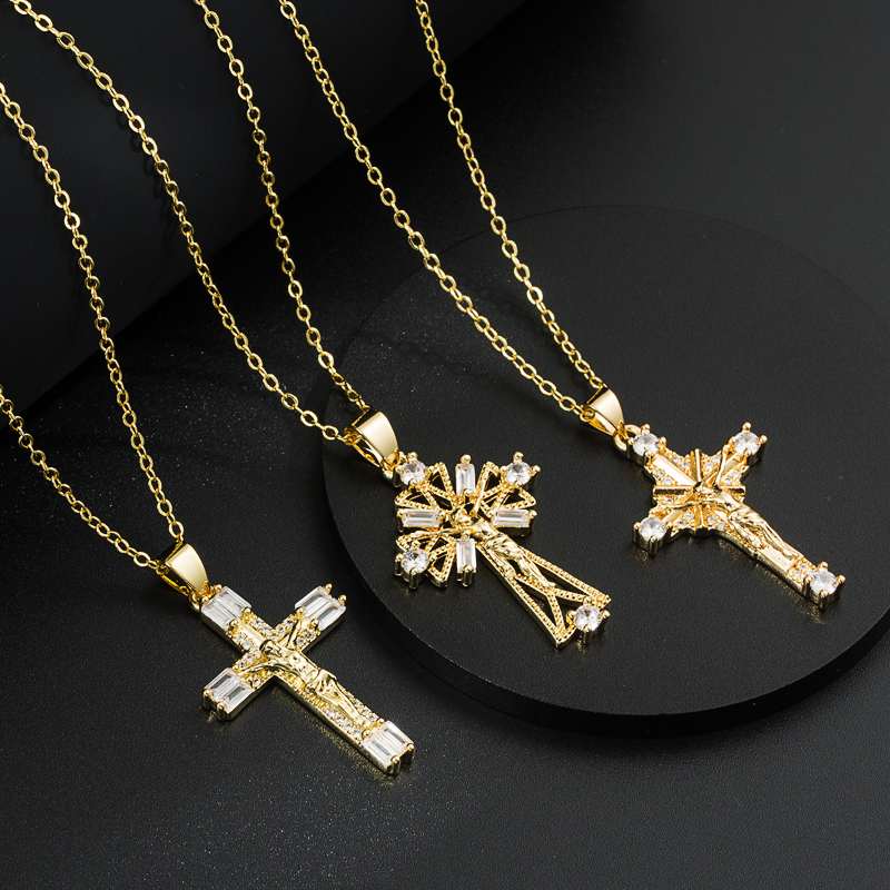 Glam Cross Copper Necklace Plating Zircon Copper Necklaces