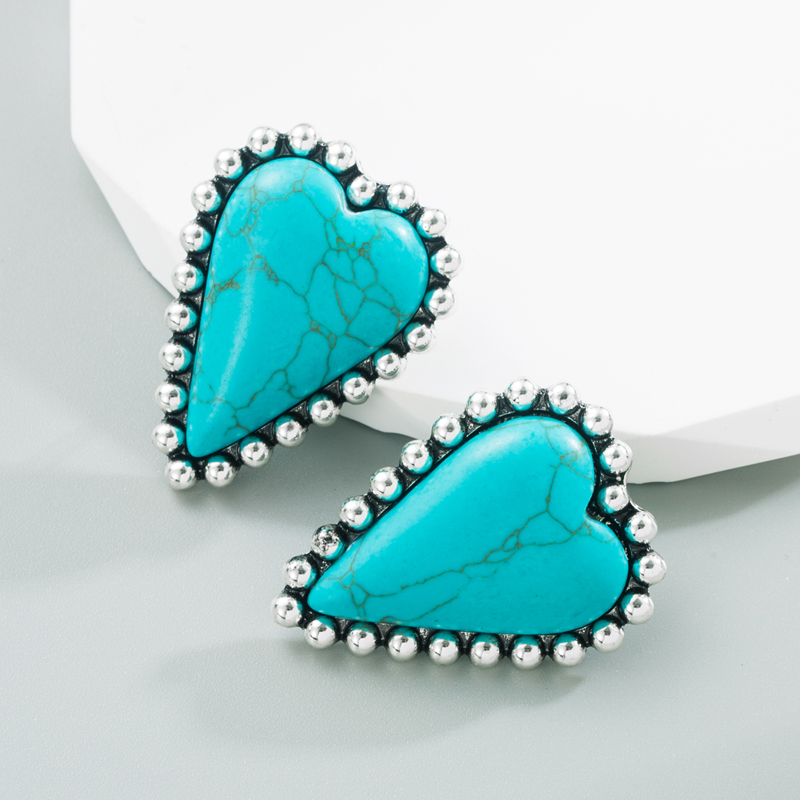 Fashion Heart Shape Alloy Inlay Turquoise Ear Studs