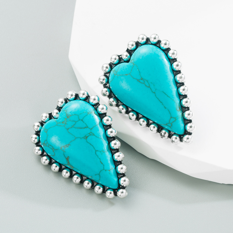 Fashion Heart Shape Alloy Inlay Turquoise Ear Studs