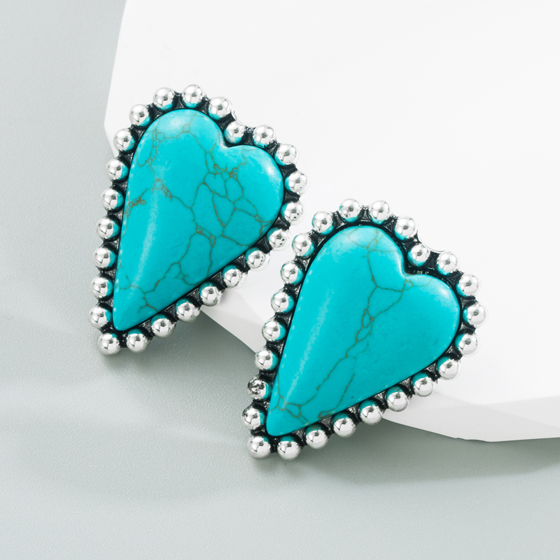 Fashion Heart Shape Alloy Inlay Turquoise Ear Studs