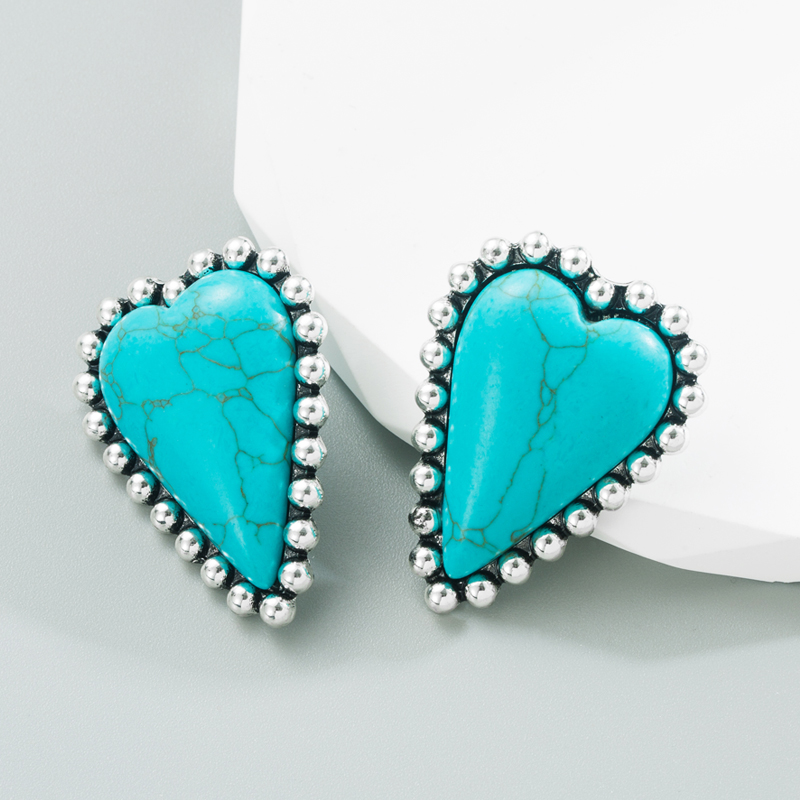 Fashion Heart Shape Alloy Inlay Turquoise Ear Studs