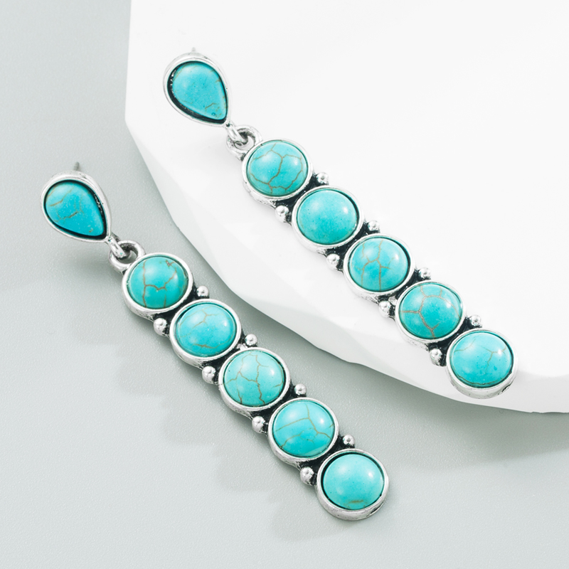 Fashion Round Alloy Inlay Turquoise Drop Earrings