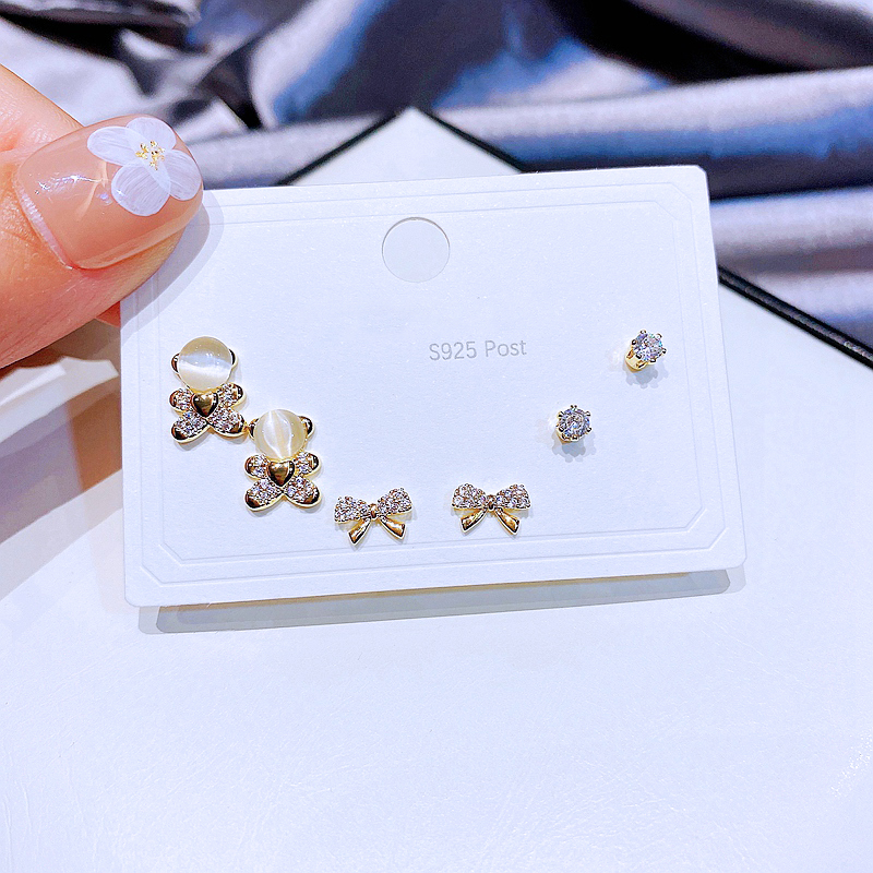 Cute Bear Bow Knot Copper Ear Studs Opal Zircon Copper Earrings