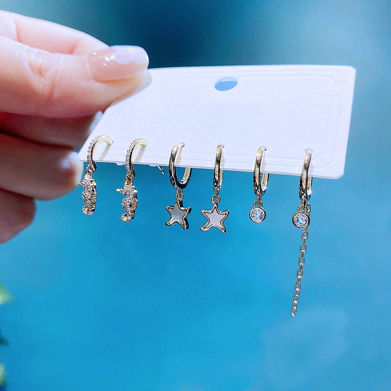 Fashion Starfish Hippocampus Copper Dangling Earrings Plating Shell Zircon Copper Earrings