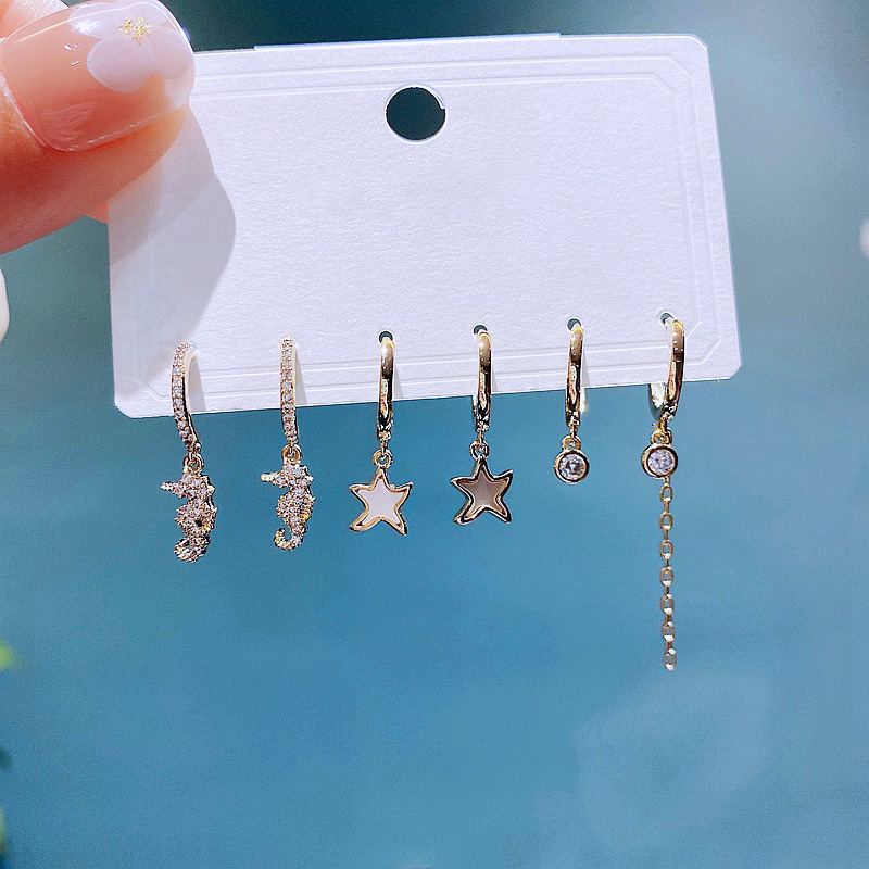 Fashion Starfish Hippocampus Copper Dangling Earrings Plating Shell Zircon Copper Earrings