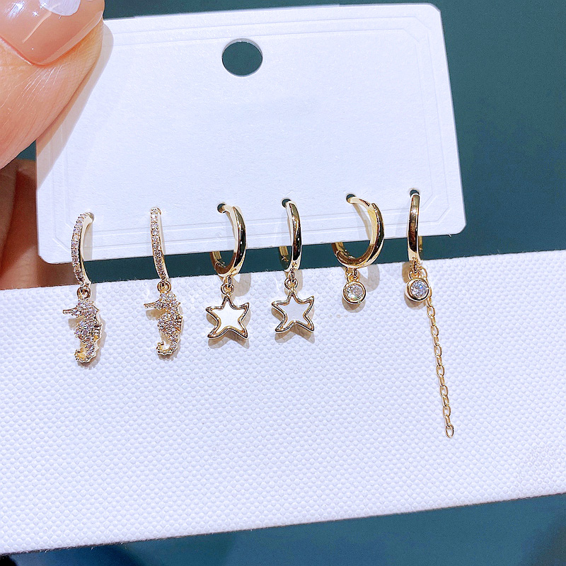 Fashion Starfish Hippocampus Copper Dangling Earrings Plating Shell Zircon Copper Earrings