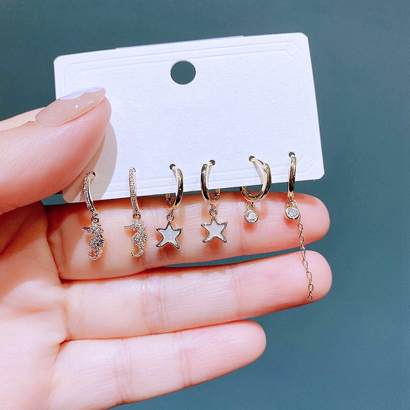 Fashion Starfish Hippocampus Copper Dangling Earrings Plating Shell Zircon Copper Earrings