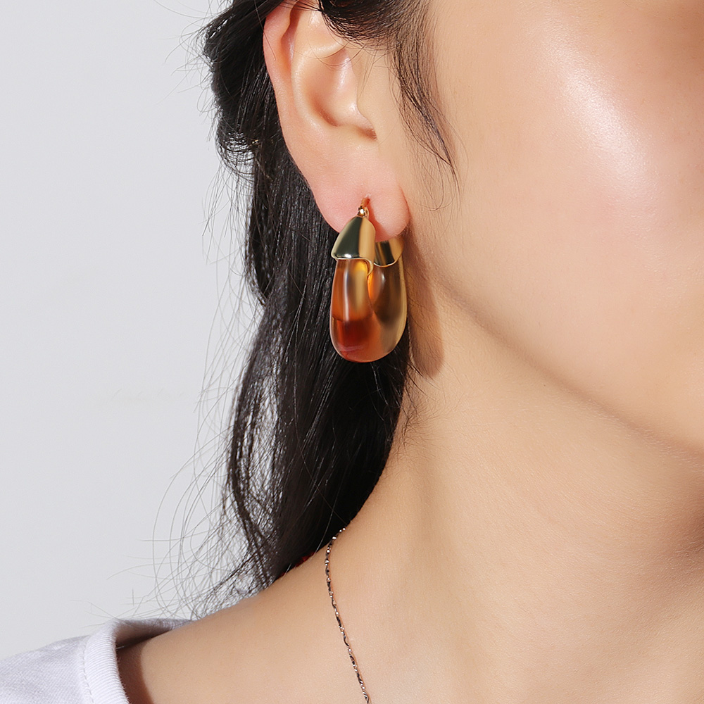 Exaggerated U Shape Alloy Plating Resin Hoop Earrings