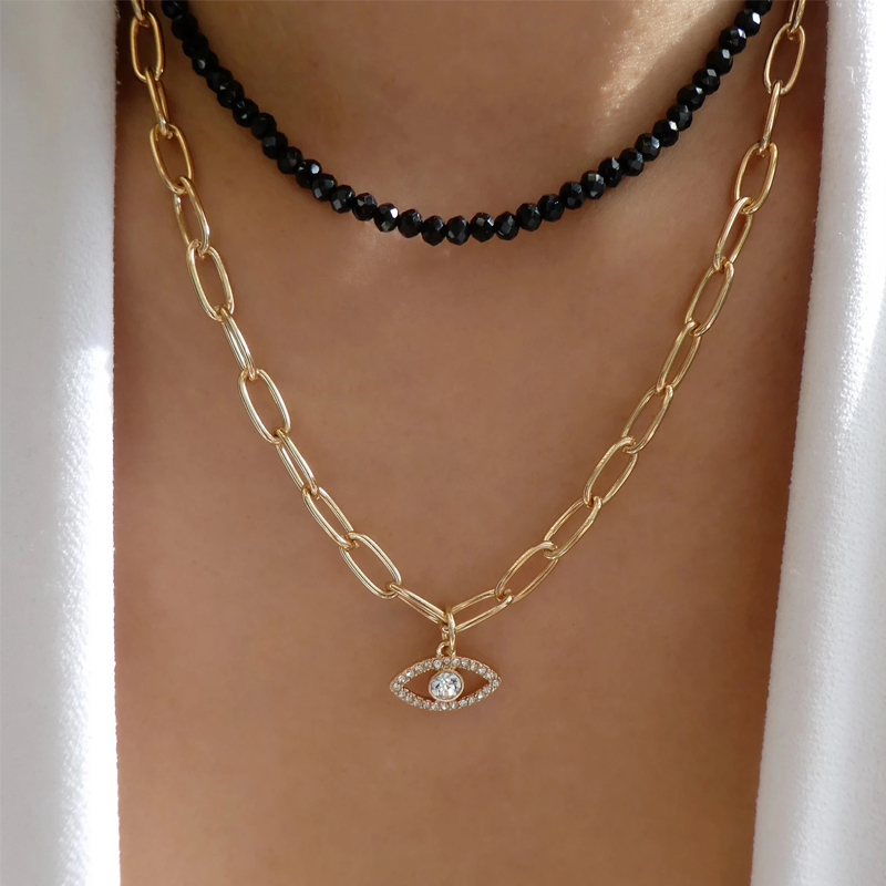 Fashion Eye Alloy Beaded Plating Inlay Rhinestone Layered Necklaces