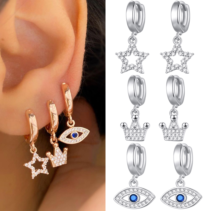 Fashion Star Crown Eye Alloy Inlay Zircon Drop Earrings 1 Pair