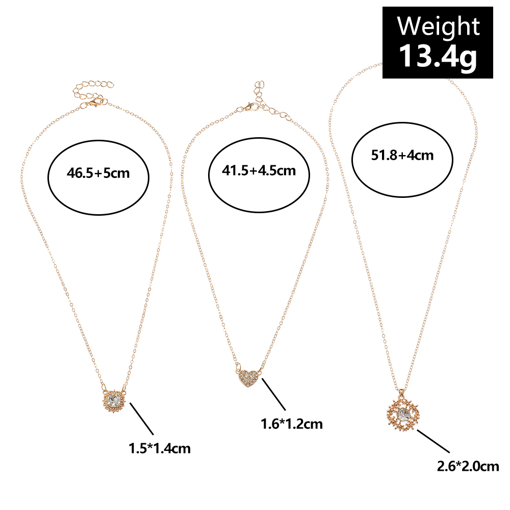 Shiny Four Leaf Clover Square Heart Shape Alloy Inlay Rhinestone Pendant Necklace 3 Pieces