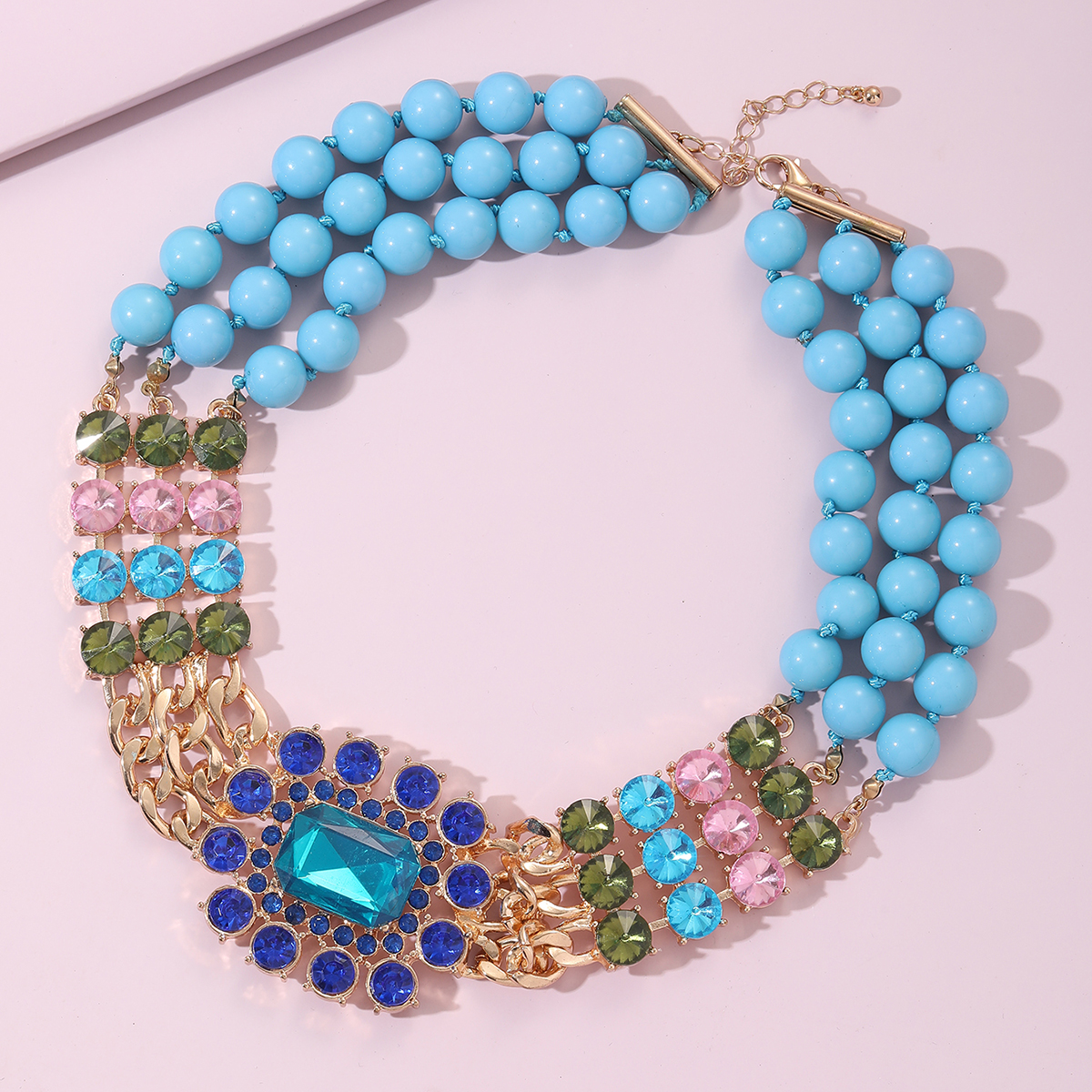 Fashion Square Alloy Beaded Inlay Artificial Gemstones Layered Necklaces