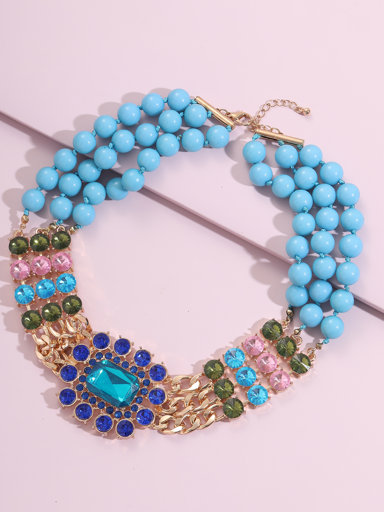 Fashion Square Alloy Beaded Inlay Artificial Gemstones Layered Necklaces