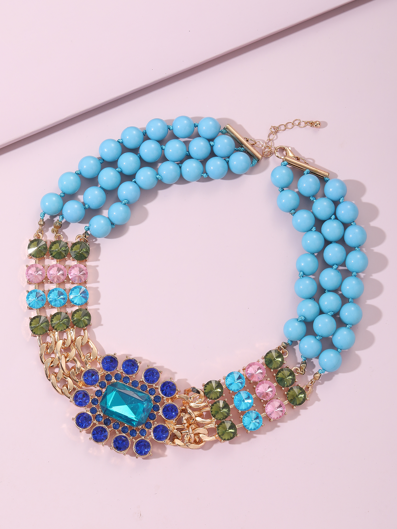 Fashion Square Alloy Beaded Inlay Artificial Gemstones Layered Necklaces