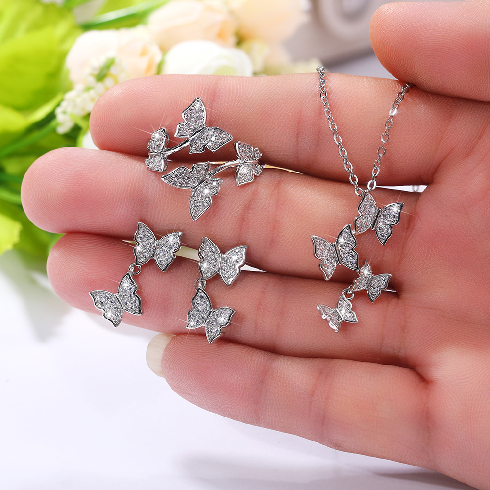 Luxurious Butterfly Copper Inlay Zircon Rings Earrings Necklace 1 Set