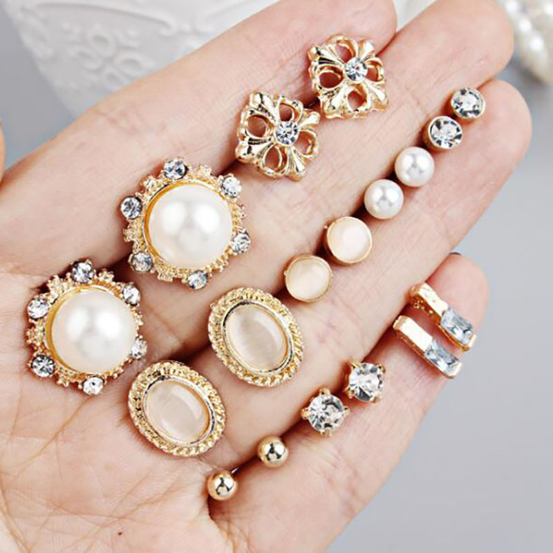 Fashion Geometric Flower Alloy Plating Inlay Artificial Pearl Rhinestone Ear Studs 9 Pairs