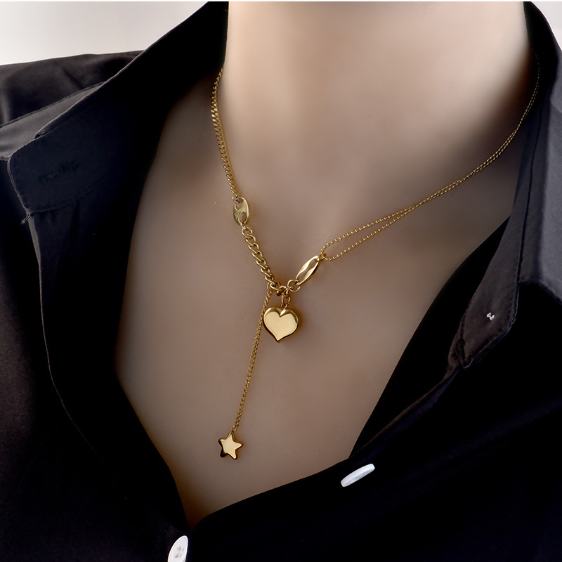 Vintage Style Heart Shape Stainless Steel Layered Necklaces Splicing Gold Plated Stainless Steel Nec