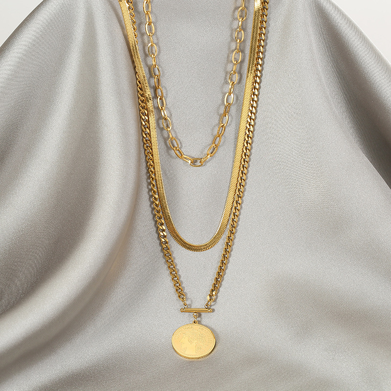 Vintage Style Portrait Stainless Steel Layered Necklaces Gold Plated Stainless Steel Necklaces