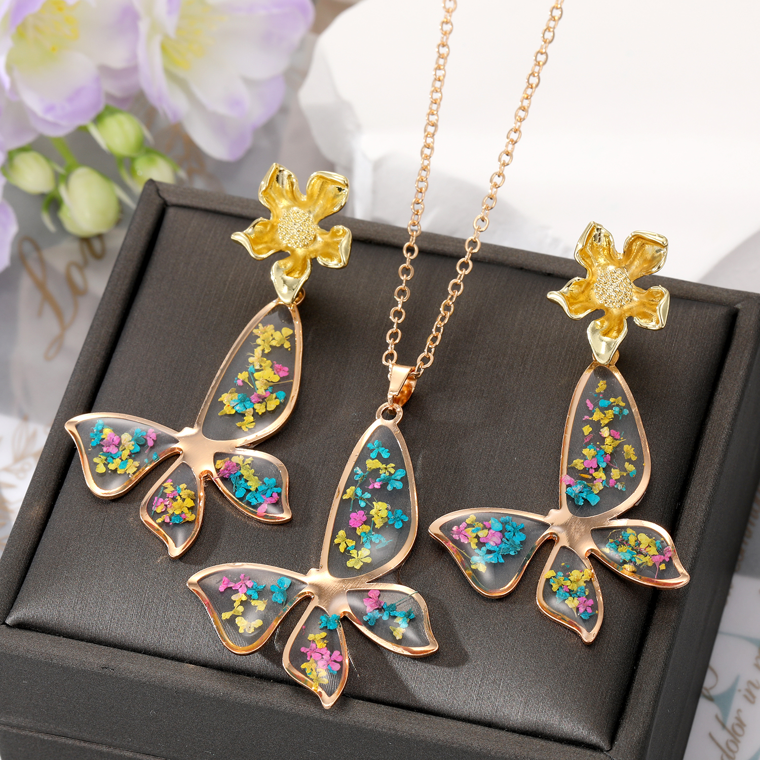 Fashion Flower Butterfly Alloy Epoxy Alloy Ear Studs Necklace 1 Piece