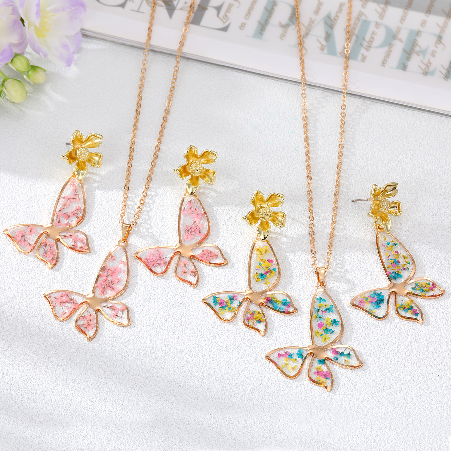 Fashion Flower Butterfly Alloy Epoxy Alloy Ear Studs Necklace 1 Piece