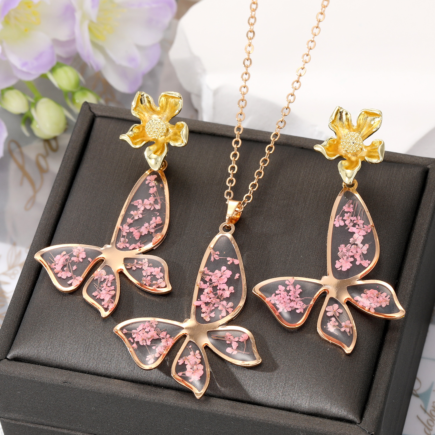 Fashion Flower Butterfly Alloy Epoxy Alloy Ear Studs Necklace 1 Piece