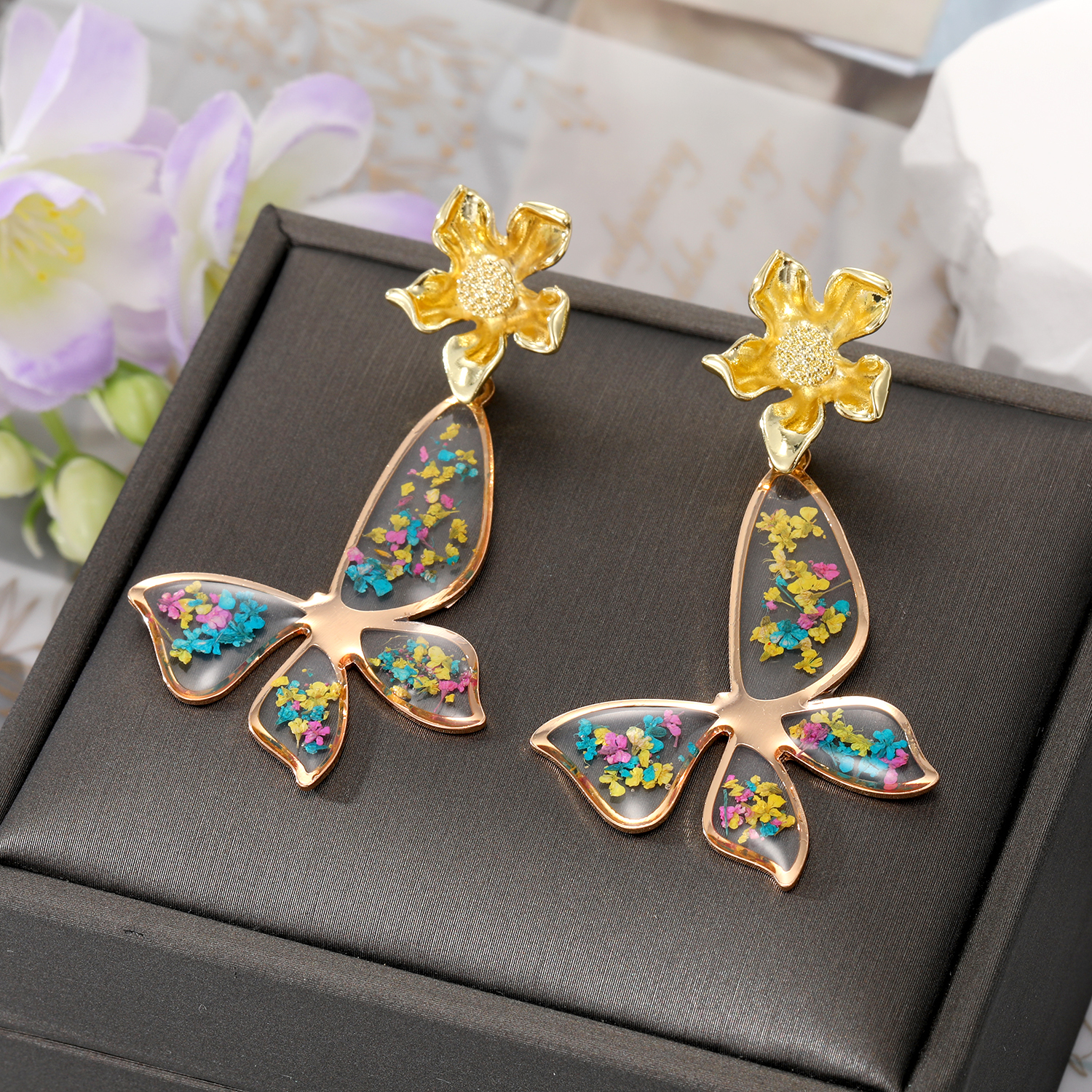 Fashion Flower Butterfly Alloy Epoxy Alloy Ear Studs Necklace 1 Piece