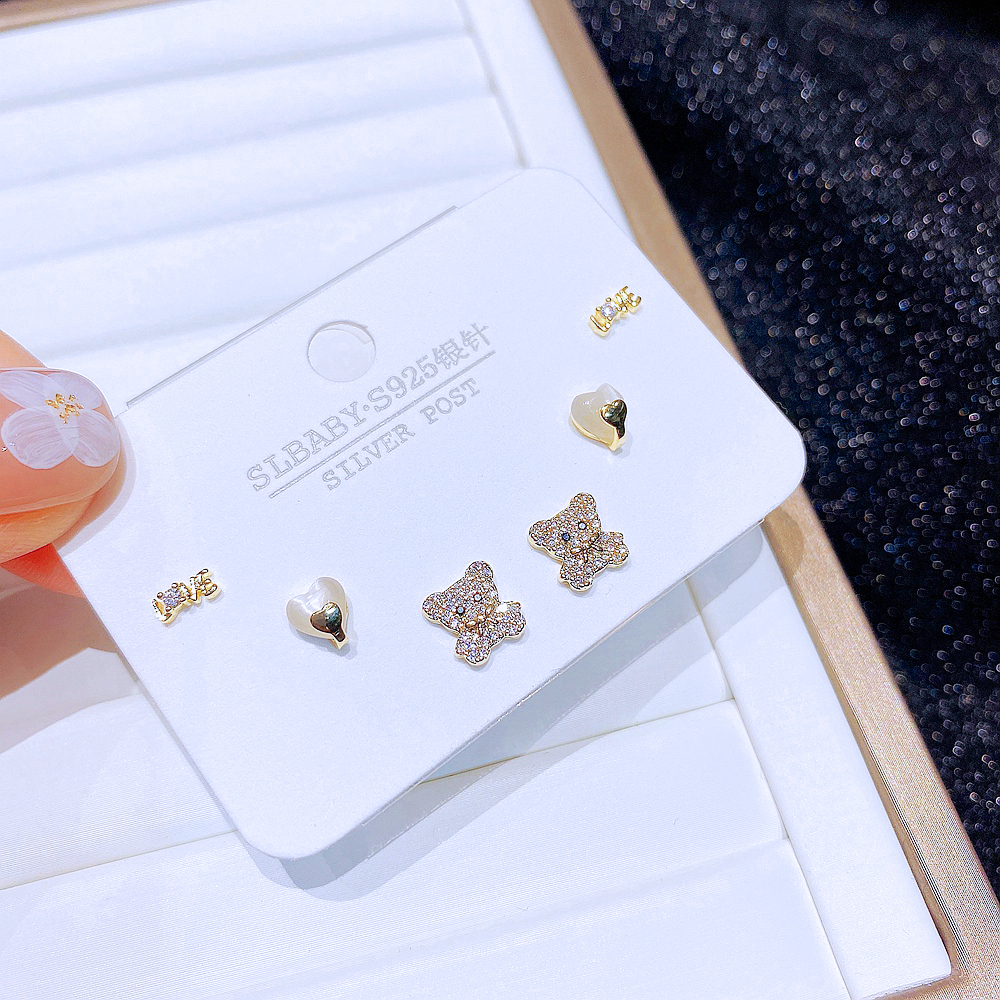 Cute Bear Copper Ear Studs Inlay opal Zircon Copper Earrings 6 Pieces