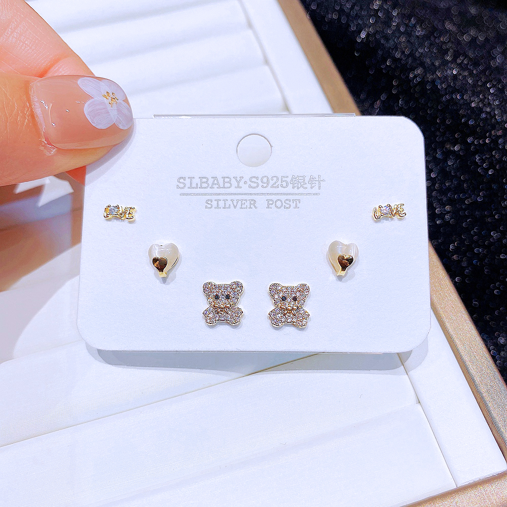 Cute Bear Copper Ear Studs Inlay opal Zircon Copper Earrings 6 Pieces